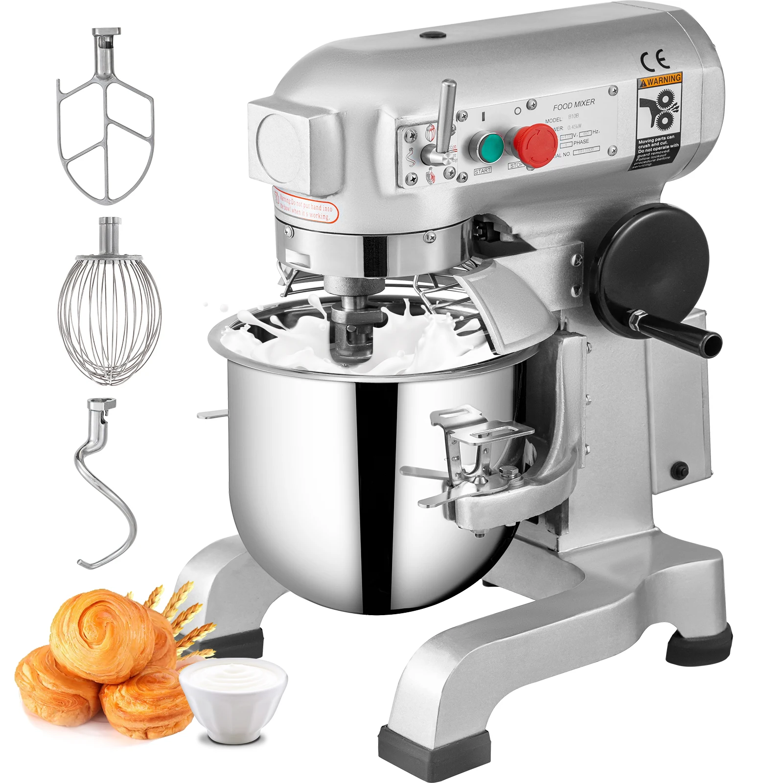 VEVOR Commercial Food Mixer 30Qt 1100W 3 Speeds Adjustable 105/180/408 RPM Heavy Duty w/ Stainless Steel Bowl Dough Hooks Whisk