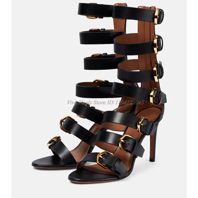 

Sexy Black Leather Buckled Strap Sandals Women's Summer New in Zipper Open Toe High Heels Luxury Designer Party Shoes