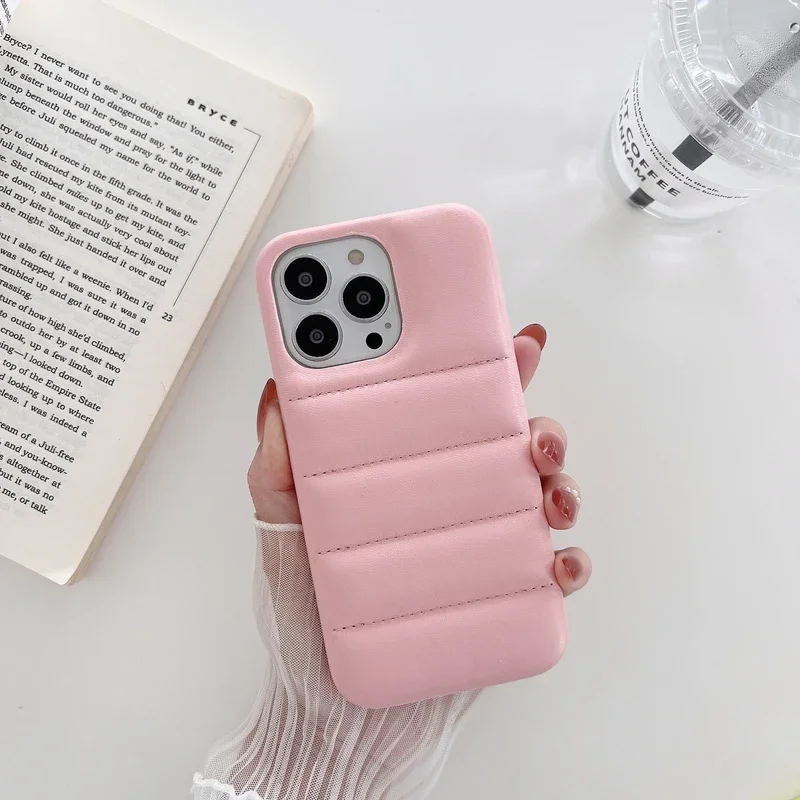 Luxury Candy Color Down Jacket The Puffer Phone Case For iPhone 16 15 14 13 12 11 Pro Max Soft Leather Cover