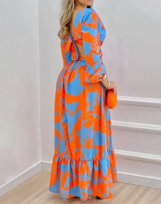 2022 Spring Women Long Sleeved Cutout V-Neck Twist Summer Elegant Tie Dyed Floral Printed Lantern Sleeve Split Thigh Maxi Dress