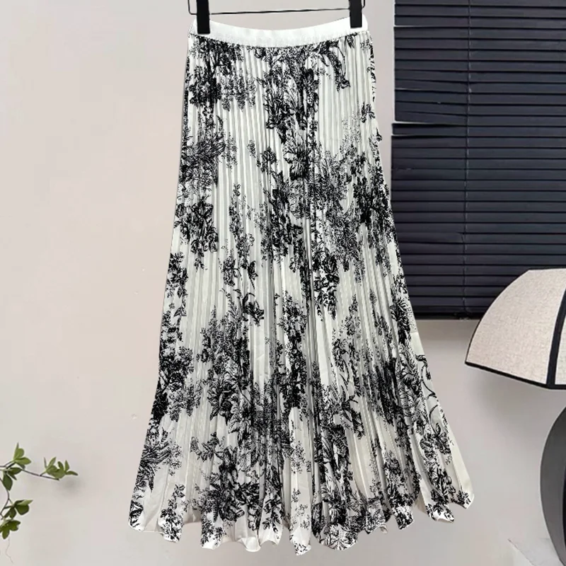Flower Chiffon Pleated Long Skirt Women Spring Summer Fashion Ladies Work Dance Party Trumpet Mermaid Skirt