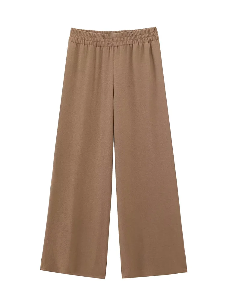 

KUCLUT Women Fashion Brown Pleated Wide Leg Pants Vintage High Elastic Waist Full Length Female Chic Lady Trousers