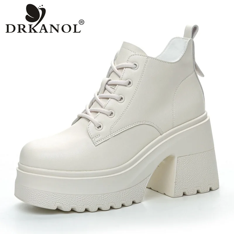 

DRKANOL/женская обувь на очень высоком каблуке, однотонная теплая обувь из воловьей кожи, увеличивающая рост, осенне-зимняя теплая обувь, женские короткие сапоги на платформе