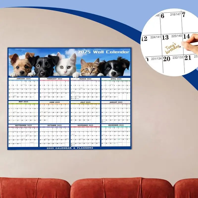 Calendario de pared anual 2025, calendario de pared laminado anual, calendario laminado anual, planificador anual grande para niños, adultos, familia