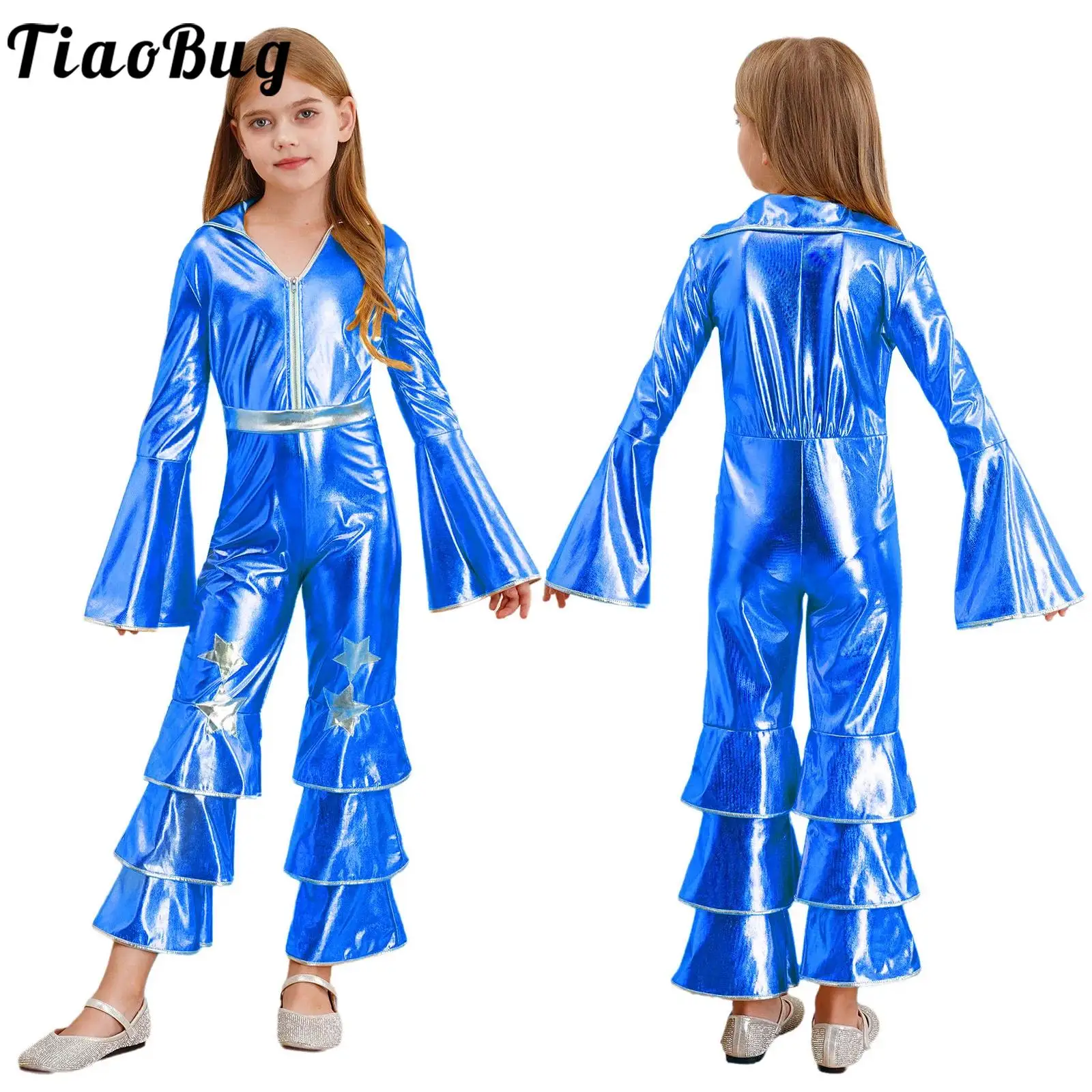 Kids Girls Vintage 70S Disco Dance Jumpsuit Flare Sleeve Metallic Bell-bottom Bodysuit Halloween Theme Party Cosplay Costumes