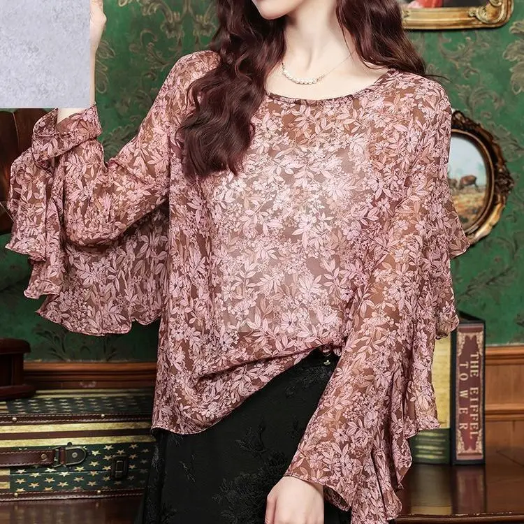

Ruffle Chiffon Blouse Women's Spring New Flower Print Long Sleeve Shirt Top Luxury High end Fashion