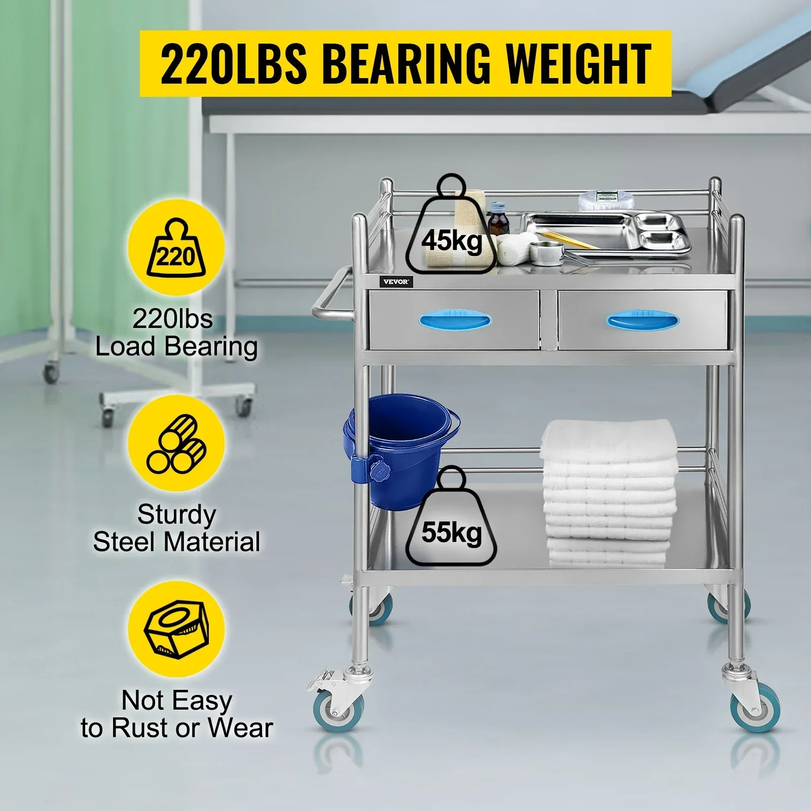 VEVOR Medical Dental Lab Cart with 2 - 3 Shelves Stainless Steel Wheels Trolley with Drawers for Laboratories Clinics Hospitals