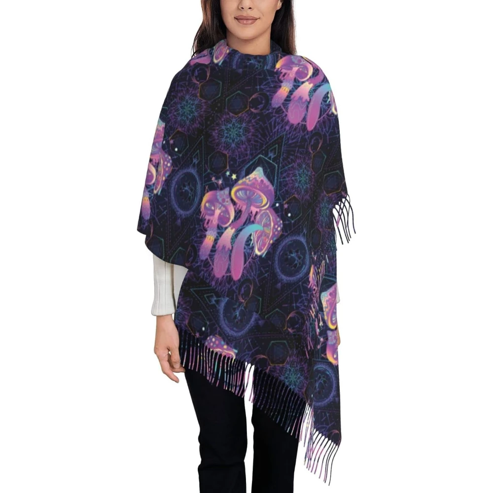 

Magic Mushrooms Psychedelic Art Pattern Scarf Long Shawl Wraps Pashmina for Women Girls with Tassels Soft Warm Cozy