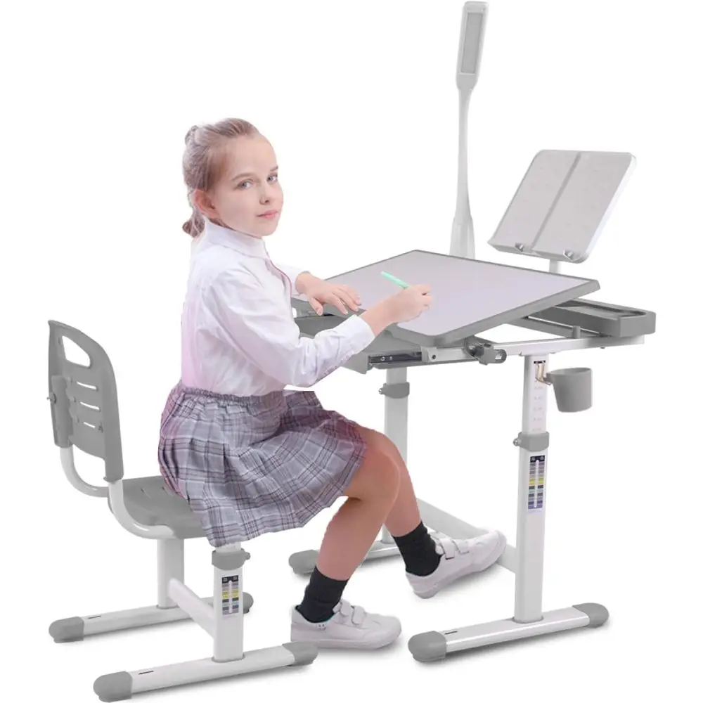 

Kids Desk & Chair Set: Adjustable Height, 40° Tiltable Desktop, LED Light, Bookstand, Gray
