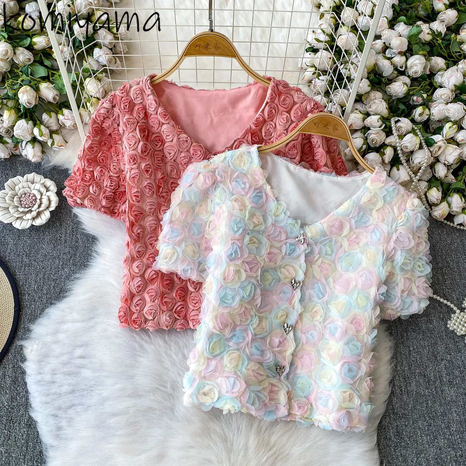 

Bubble Sleeve 2025 Shirts & Blouses Three-Dimensional Floral Blusas Mujer Fairy Sweet Woman Clothing V-neck Ropa Camisas