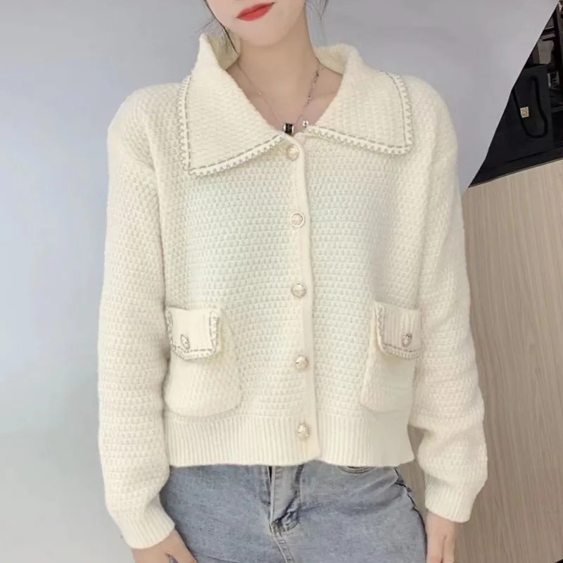 Knitted Sweater Women Cardigans New Unique Long Sleeve Turn Down Collar Knit Sweater Cardigan Women Tops Sueter Feminino Q2022