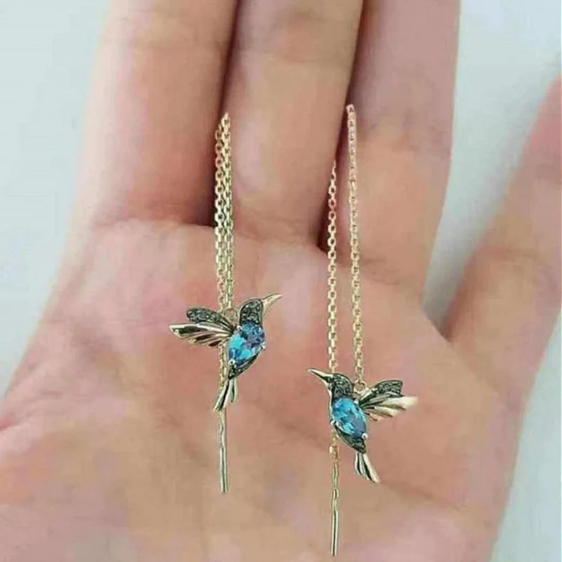 1pair Creative Fashion Shining Exquisite Cute Long Chain Hummingbird Animal Threader Earrings, Elegant Ear Lines, Birthday Party