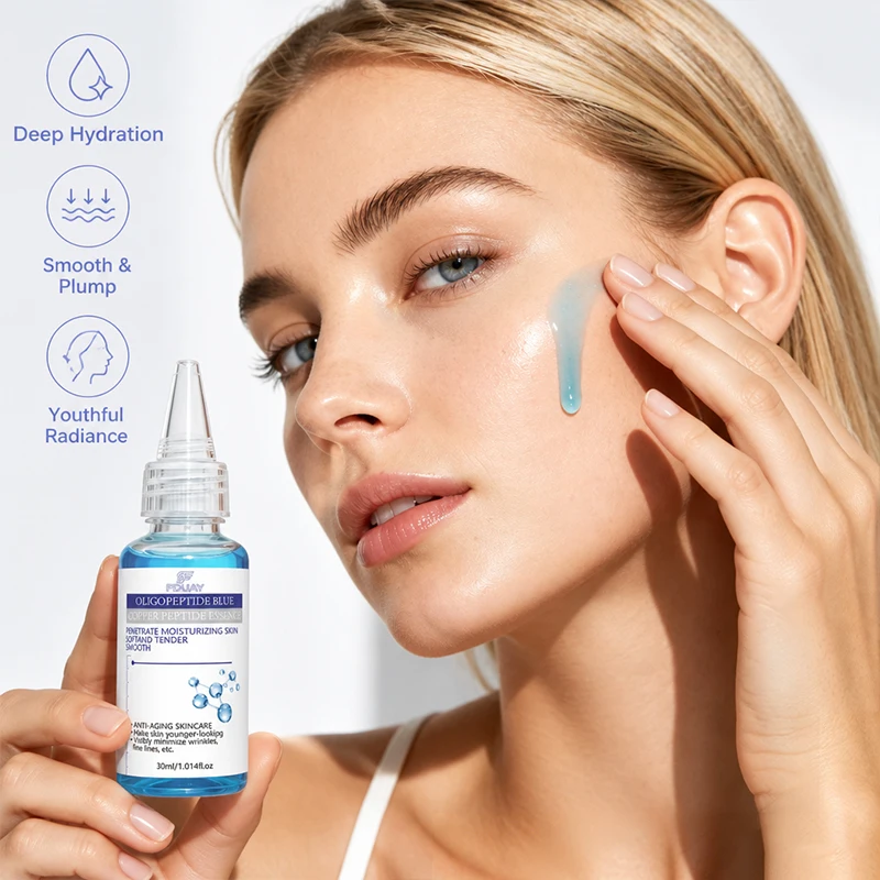Blue copper peptide facial serum can deeply moisturize the skin, making it radiant. The small bottle is easy to carry.