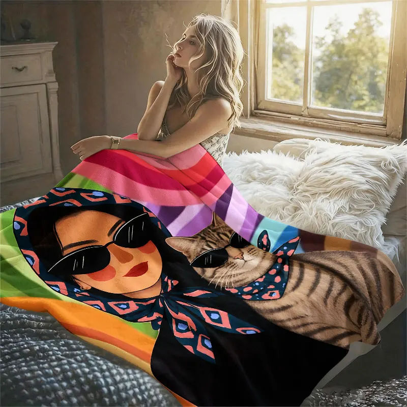 Woman Cat Sunglasses Pop Art Flannel Blanket Perfect for Sofa Office Bed Travel Sleep Read Relax Camping Four Season Use