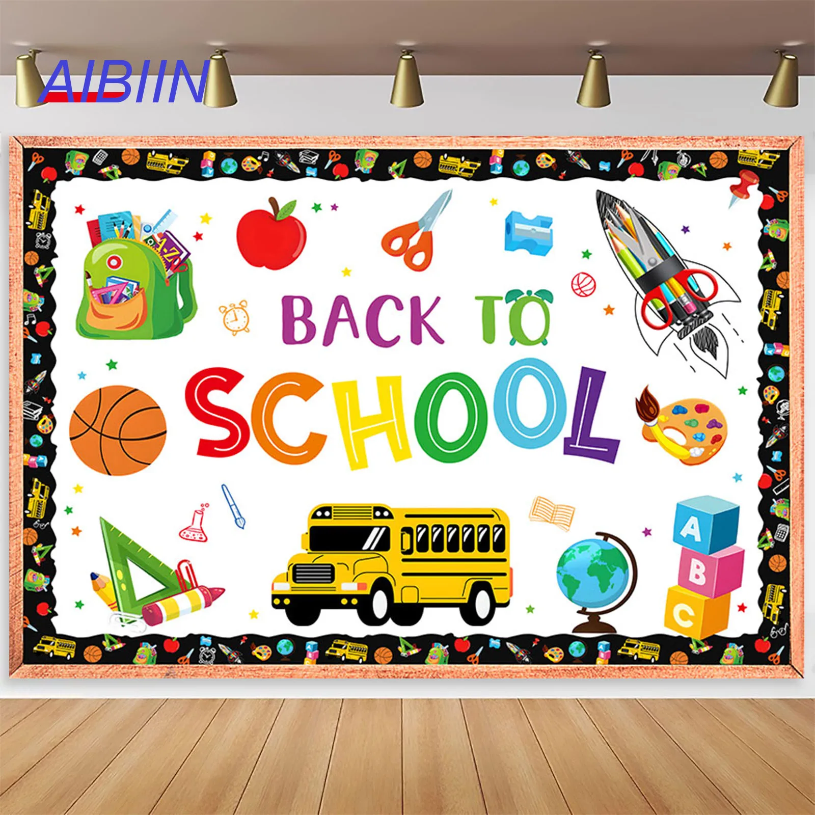 AIBIIN Back to School Backdrop Bus ABC Pencil Good Good Study Party Decor Child First Day of Kindergarten Photography Background