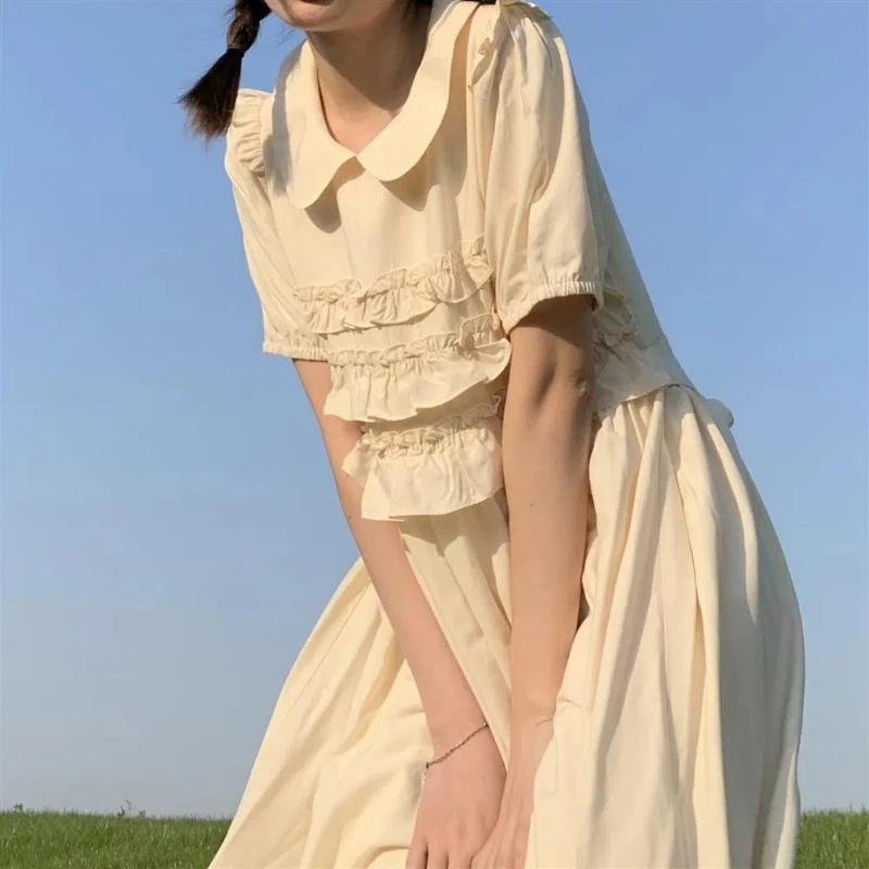 

Preppy Style Age Reduction Ruffled Neck Sweet Women's Clothing Summer Princess Sleeve Solid Color Artistic Slim Flowy Dress