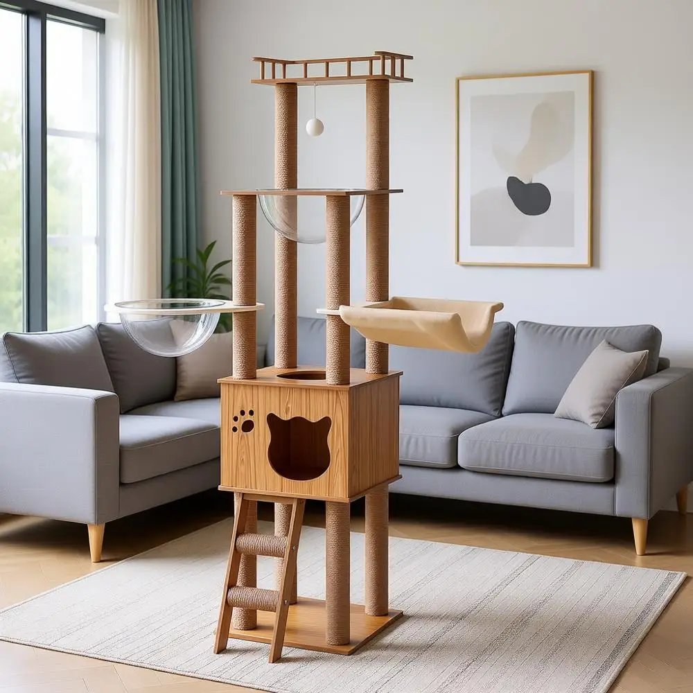 

Wooden Cat Tree with Condo, Stairs, Scratching Posts, 2 Bowls, Sisal Scratching, Hammock, Top Perch for Large Cats