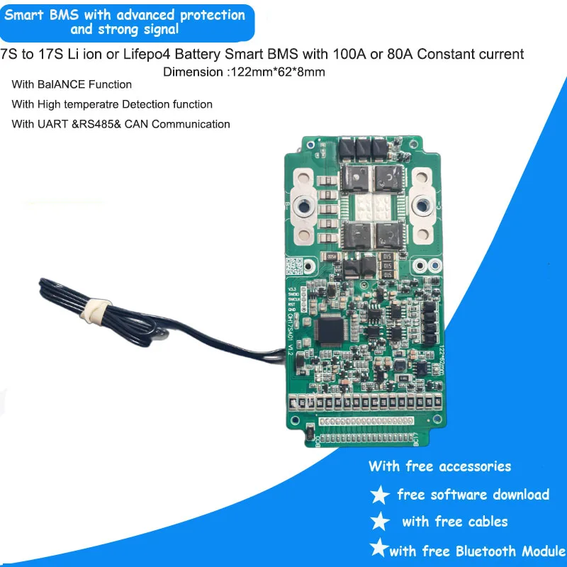 24V 36V 48V 60V 7s 8s 10s 12s 13s 14s 15s 16s smart BMS with UART RS485 and CAN communication 80A 100A Constant current