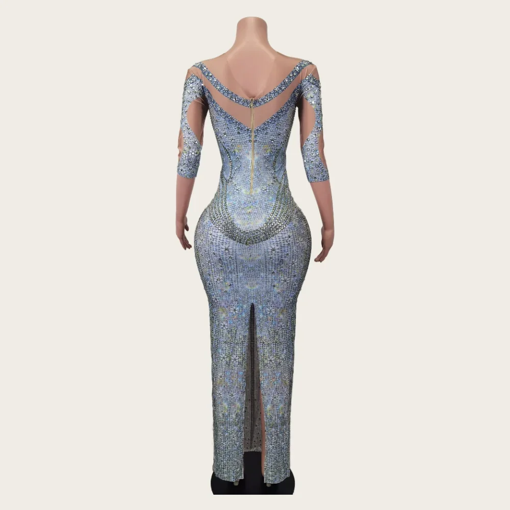 Glänzende Strass Bodycon langes Kleid Spandex Stretch Frauen Geburtstag feiern Abschluss ball Party Club Kleid sexy Sänger Bühnenshow Kostüm