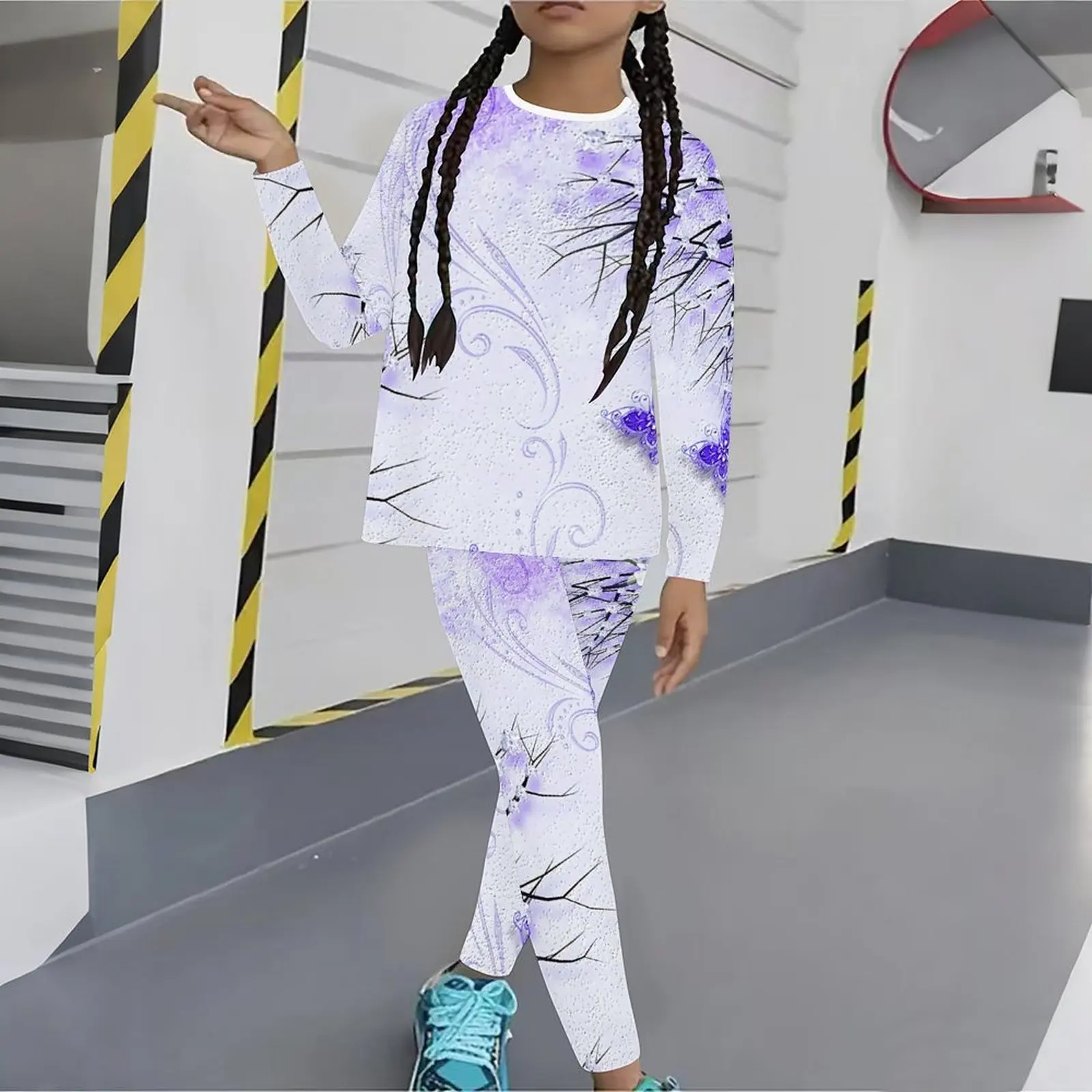 Girls Print Long Sleeve Round Neck Top Cute Two-Piece Daily Wear Casual T-shirt Autumn Leggings Winter Jogging Pants
