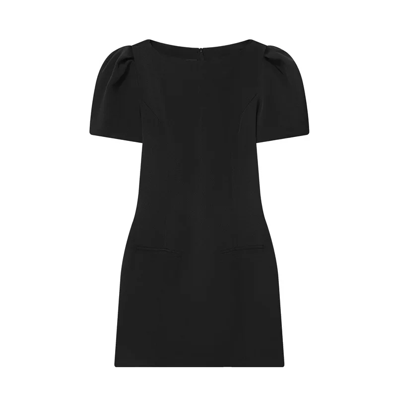 Black fitted mini dress, fashionable solid color, short sleeves, round neck, waist-cinching dress, suitable for daily commuting