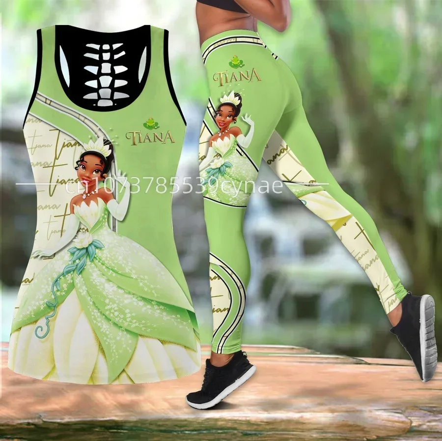 Disney Princess Tiana Women's Book Hollow Vest+women's Leggings Yoga Set Fitness Leggings Sports Set