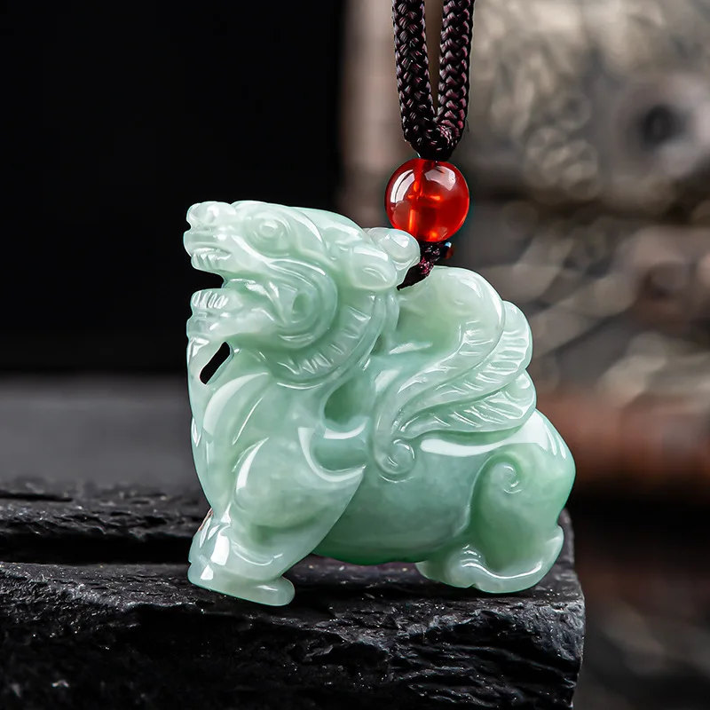 Natural Burmese Light Green Jadeite Flying Qilin , Ice Hollow Carved Ornament, Jade Pendant