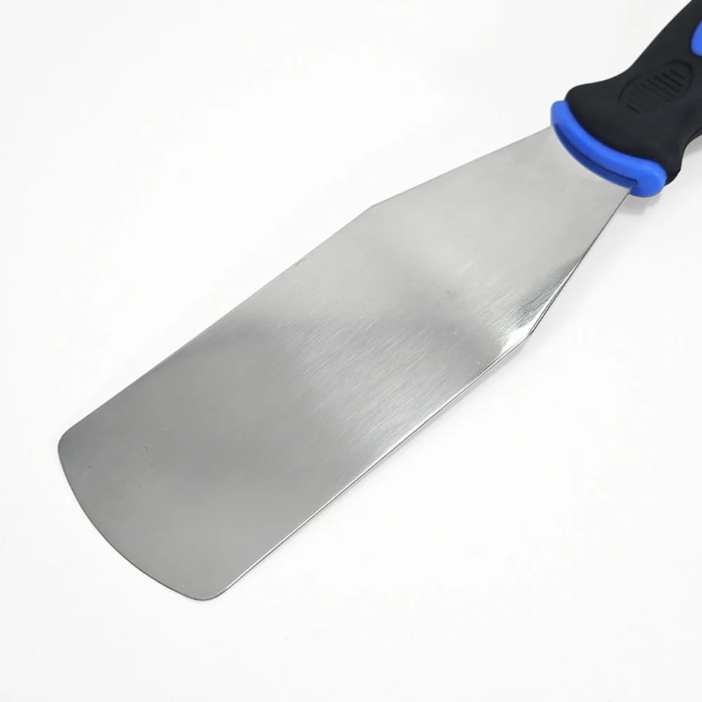 Blue Silver Stainless Steel Deck Scraper For Lawn Mower Maintenance To Remove Paint Silicone With Soft Rubber Grip Handle