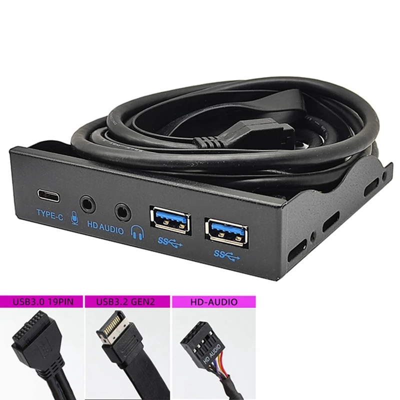 USB Front Panel For PC USB3.2 Gen2 10Gbps Type C + 19Pin 2Port USB3.0 Hub + HD Audio 3.5Mm Earphone MIC Accessories