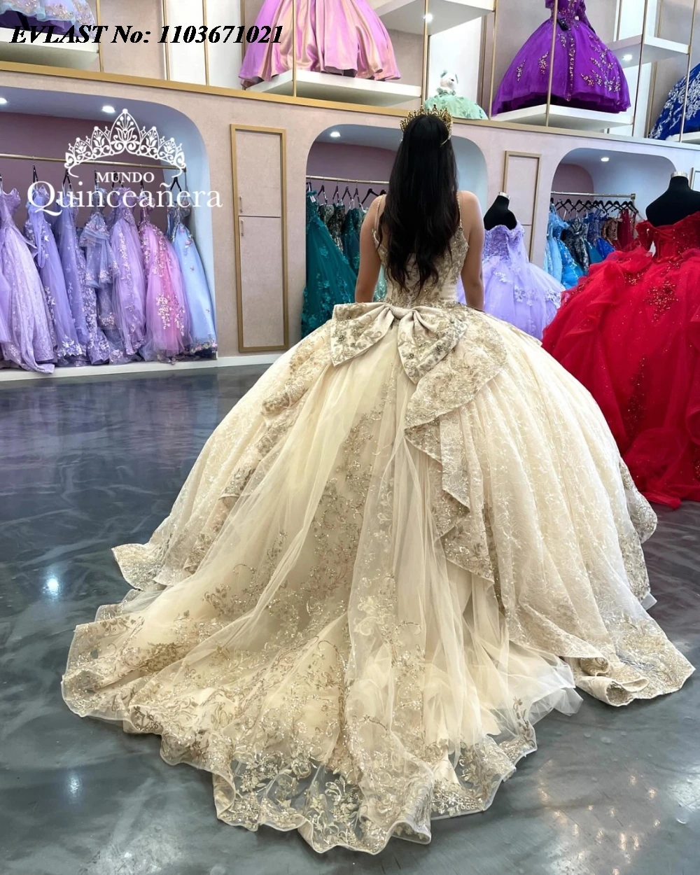 Evolt personalizado champanhe quinceanera vestido de baile brilhante renda apliques miçangas em camadas doce 16 vestidos de 15 anos sq656