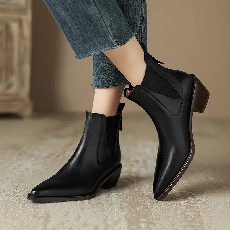 2023 Vintage Women Genuine Leather Ankle Boots Autumn Winter Thick Heels High Quality Elastic Band Office Lady Retro Shoes Woman