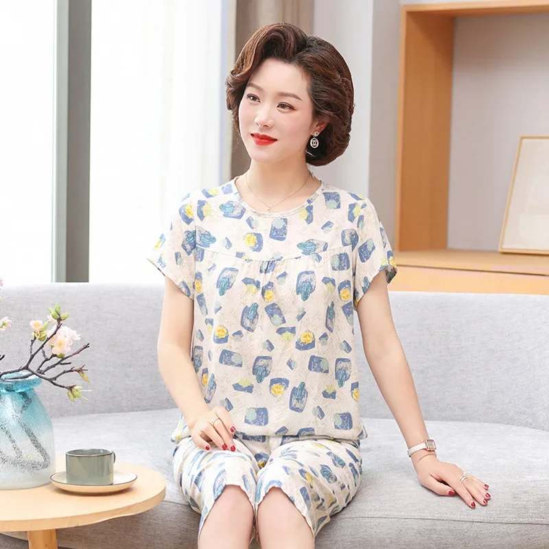 Summer Cotton Sleepwear Women Pajama Sets Short Sleeve Tops Shorts Printed Loungewear Two-piece Sets Nightwear Thin Loose New