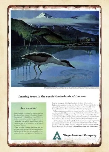 metal sign company 1959 Heron by the lake, Weyerhaeuser company metal tin sign