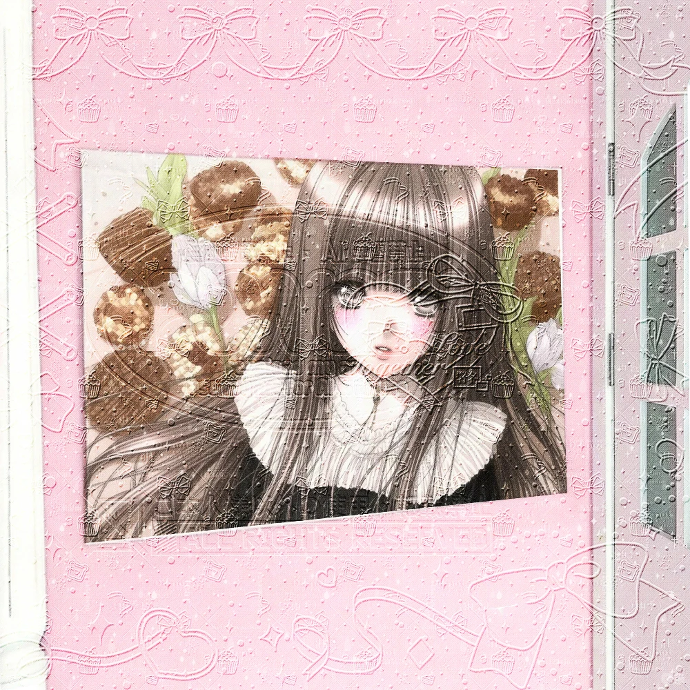 ゴシックロリータ Anime Girl Tapestry, Dark Sweet Long Black Hair Lolita with Chocolate & Tulip Bouquet Print, Harajuku Style Wall Hangin