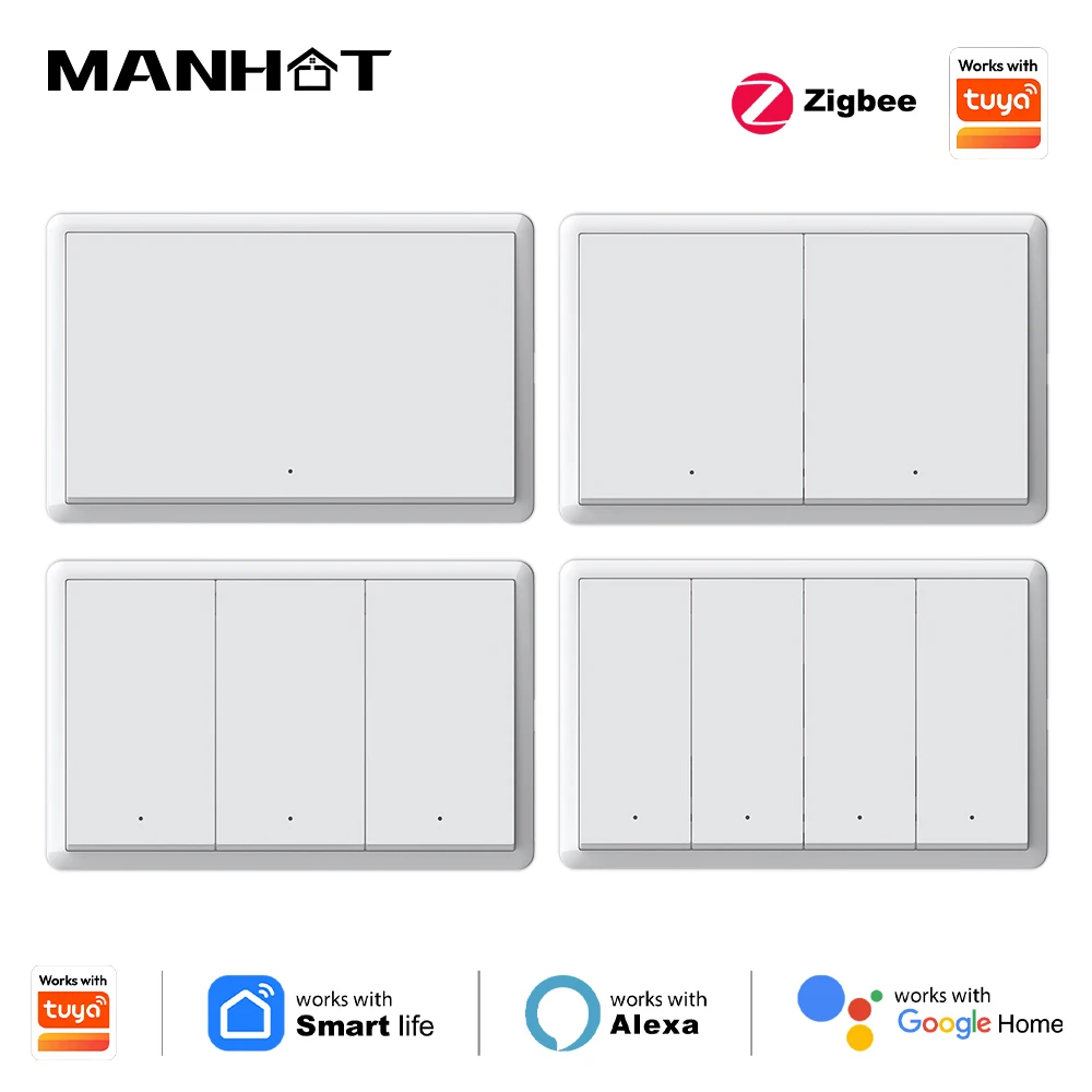 Manhot Smart zigbee Switch No Neutral Wire Required No Capacitor Wall Button Light Switches Work With Tuya Alexa Google Home