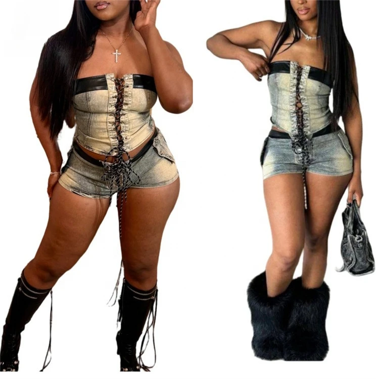 Stretch Denim Bandage 2 Piece Sets for Women Sexy Tube Tops and Shorts Matched 2024 Summer Street Safari Baddie Outfits