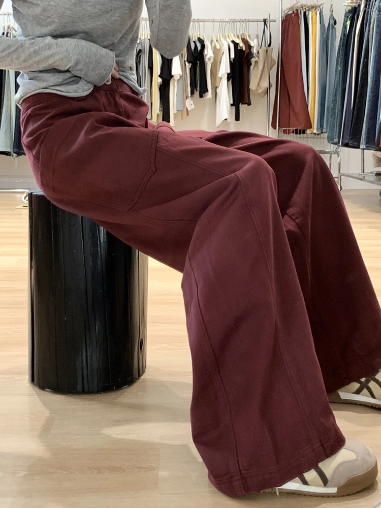 

Свободные женские джинсы с высокой талией, широкие брюки, весна-осень, цвет «красное вино», повседневные брюки в стиле «ленивый шик»