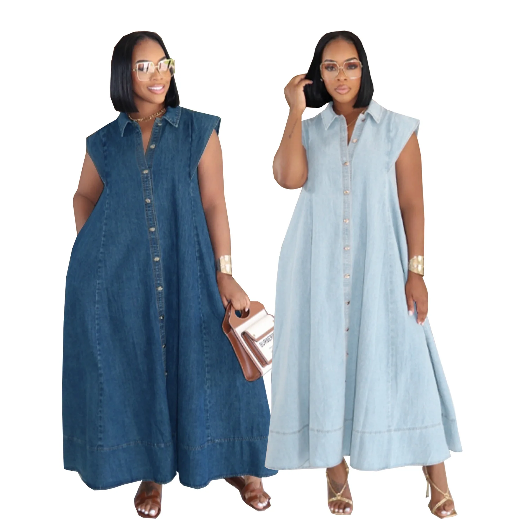 Long Dress Women Denim Dresses A Line Vestidos Y2k Streetwear Turn Down Collar Sleeveless Elegant Casual Loose Party Work 2026