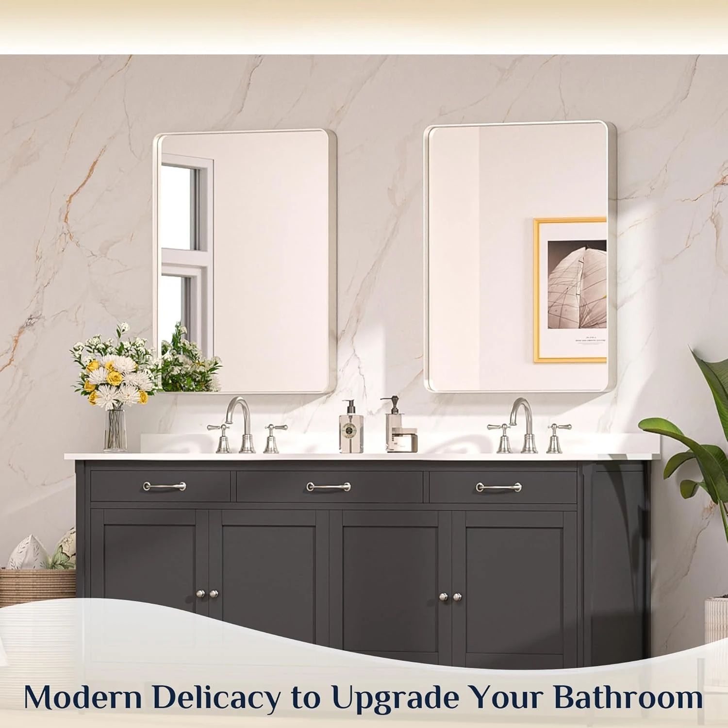 

Зеркало из матового никеля, 24 x 32 дюйма, серебряное зеркало для ванной комнаты над раковиной, закругленное прямоугольное зеркало для туалетного столика в фермерском доме