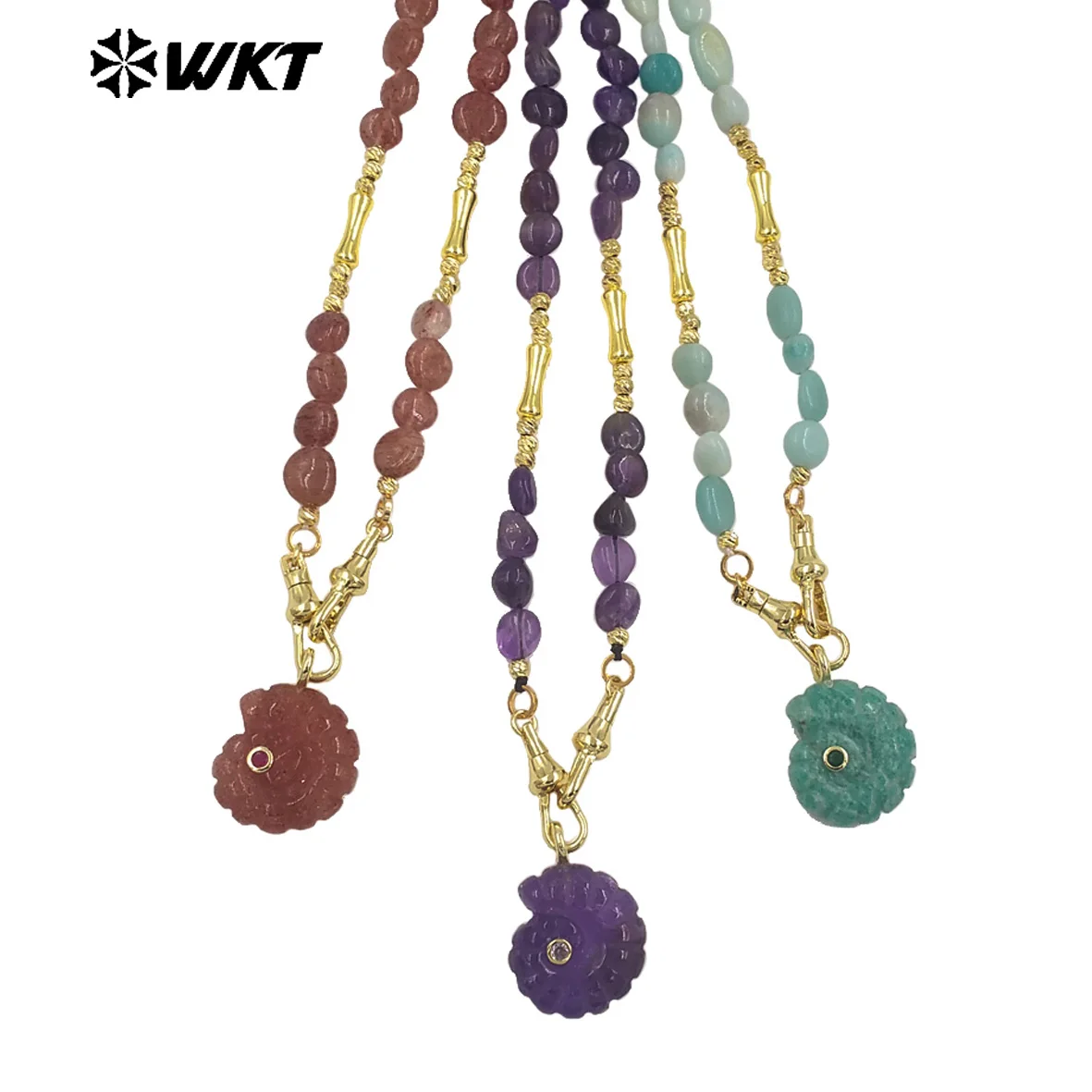 

WT-N1520 Fashionable And Colorful Gemstone In Cylindrical Shell Shape With Colored Stone Beads Brass Necklace For Daily ACC