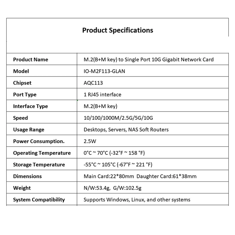 M.2 B+M Single-Port 10Gbe Network Card RJ45 Ethernet Network Adapter AQC113 Industrial Control Grade Server Network Card