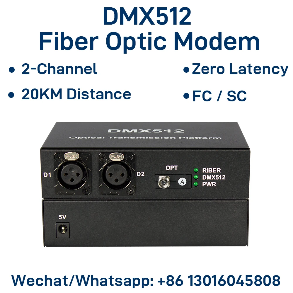 

2-CH DMX512 Fiber Optic Modem XLR 3-Pin Lighting Extender over Single Fiber 20KM FC/SC Interface Zero Delay Anti-Interference