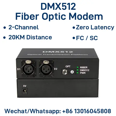 2-CH DMX512 Fiber Optic Modem XLR 3-Pin Lighting Extender over Single Fiber 20KM FC/SC Interface Zero Delay Anti-Interference