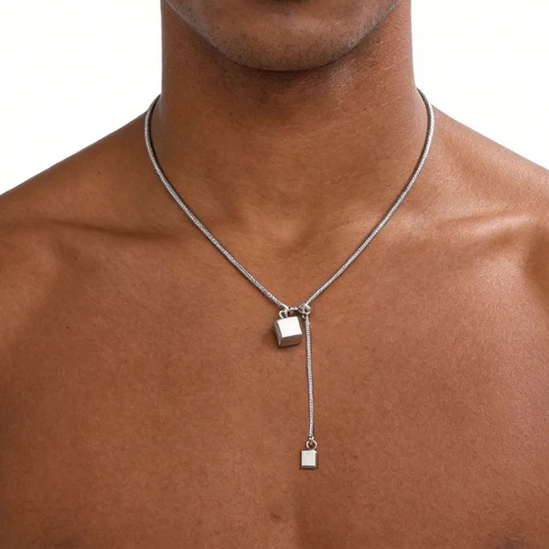 B&C Gold snake chain lariat necklace adjustable cube pendant minimalist mens dress up neck chain