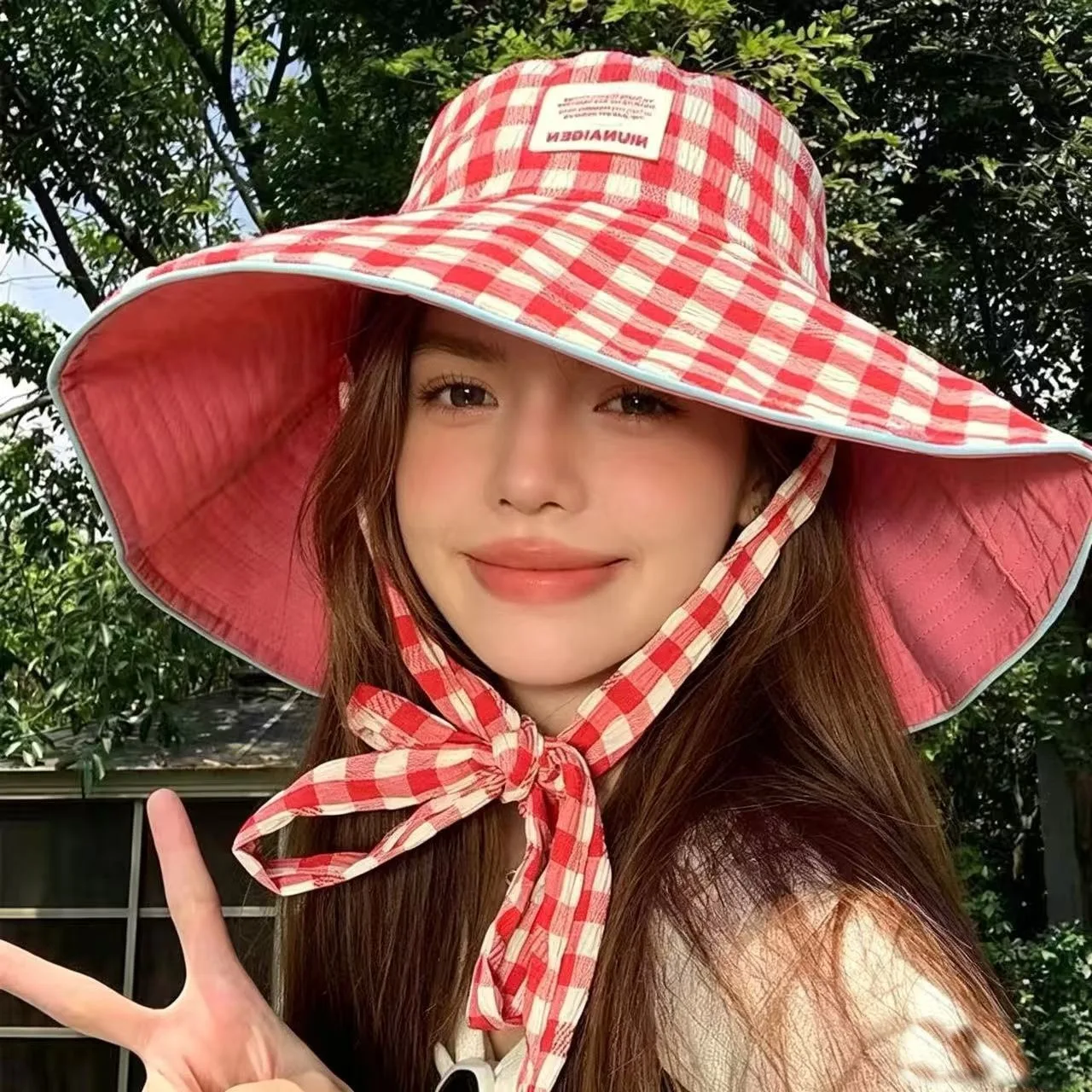 Double-sided Plaid Wide-edged Lace-up Bucket Hat Summer Outdoor Versatile Sunscreen Sweet Contrasting Color Plaid Women's Caps