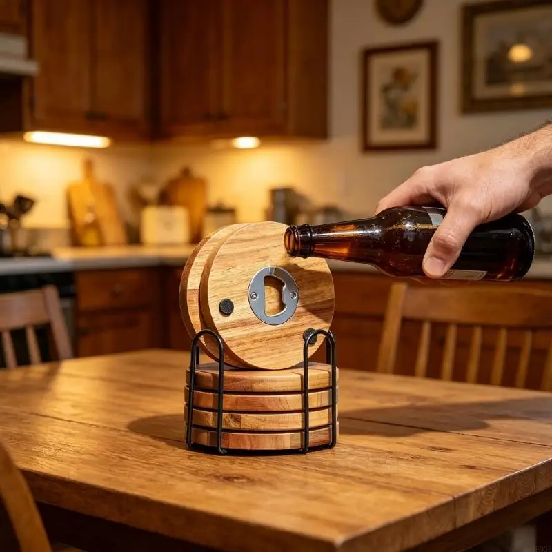 Holzuntersetzer mit Lagerregal, Flaschenöffner für Bier und Getränkebecher, Matte für Zuhause, Küche, Büro und Außenbereich B03E – Detail 10