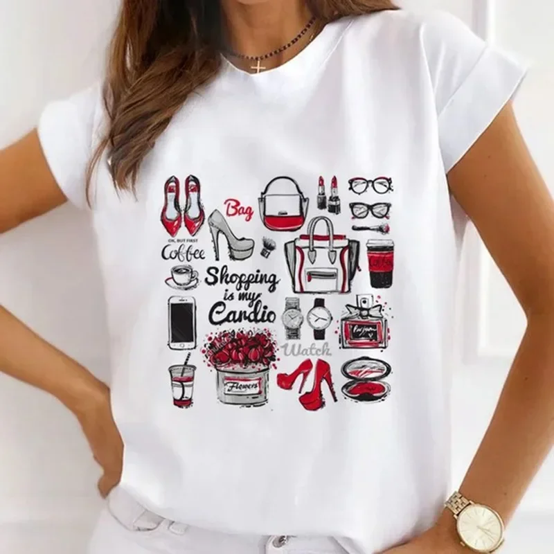 New Summer Print Women's Round Neck T-shirt Women's Loose Short Sleeves Round Neck Tops Base Women Clothing polyester fabric