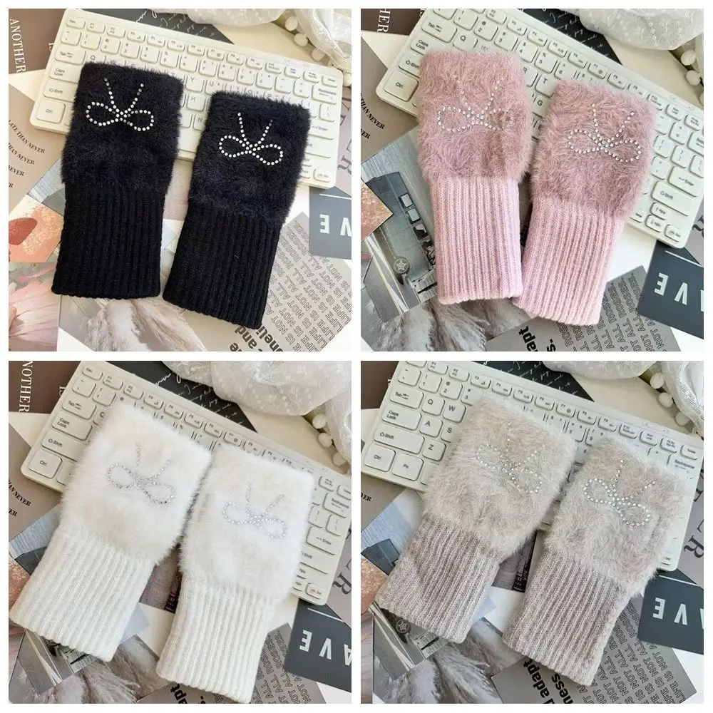 Cadeaux gants à nœud Hotfix strass gants tricotés sans doigts chaud Style coréen demi-doigt mitaines en plein air