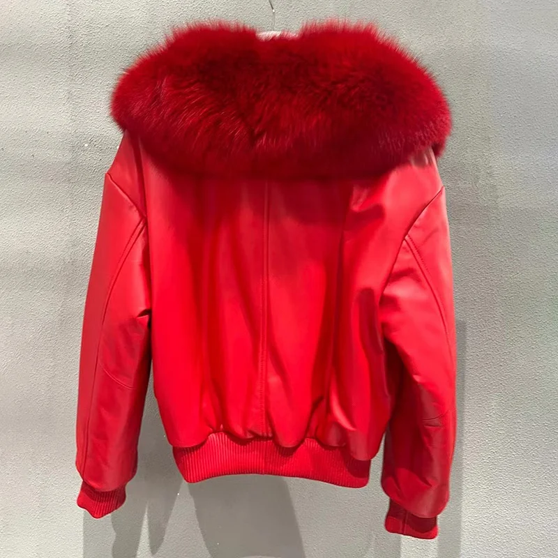 New Women Leather Jackets Genuine Sheepskin Coat Fox Fur Collar Full Sleeve Zipper Fashion Autumn Winter Outwear GT5076