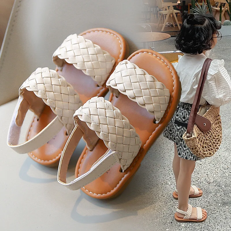 New Girls Spring Summer Soft-soled Woven Sandals Non-slip Casual Kids Children Comfortable Lightweight Vacation Beach Shoes Baby